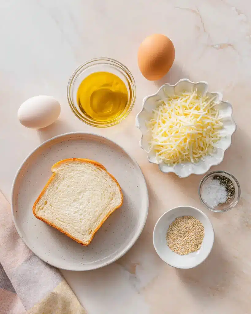 Flat-lay of ingredients for air fryer egg and cheese toast including bread, egg, cheese, sesame, oil, and salt