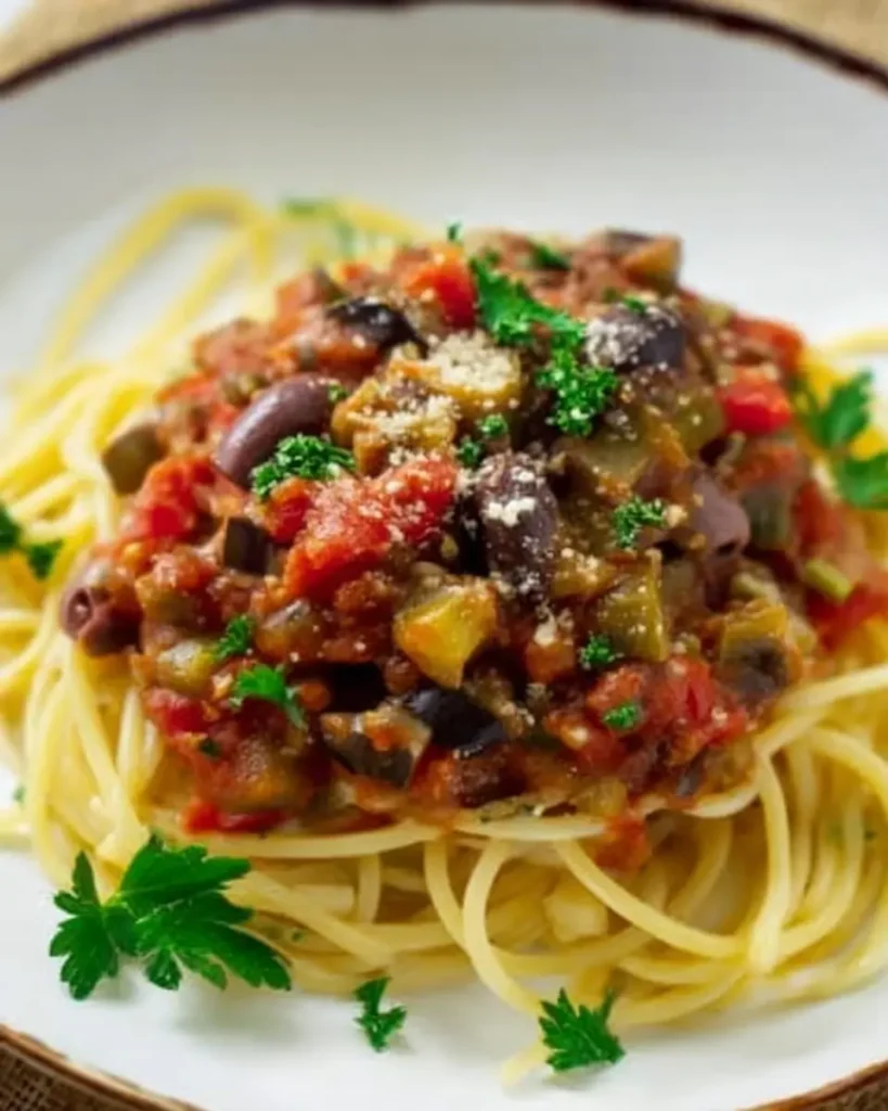 Spaghetti with Mediterranean eggplant pasta sauce topped with olives, parsley, and Parmesan