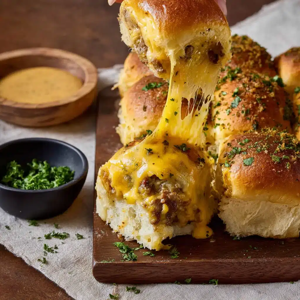 Pull-apart cowboy breakfast sliders with melted cheddar stretching between soft Hawaiian rolls topped with garlic herb butter.