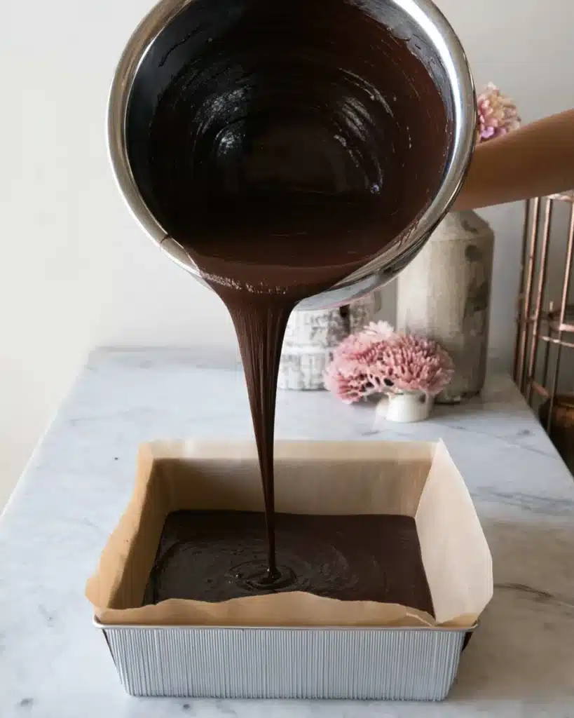 Pouring chocolate cake batter into square baking pan for mini chocolate sheet cake
