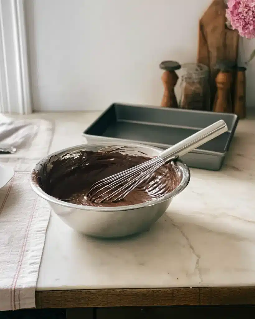 Chocolate cake batter in mixing bowl with whisk and baking pan
