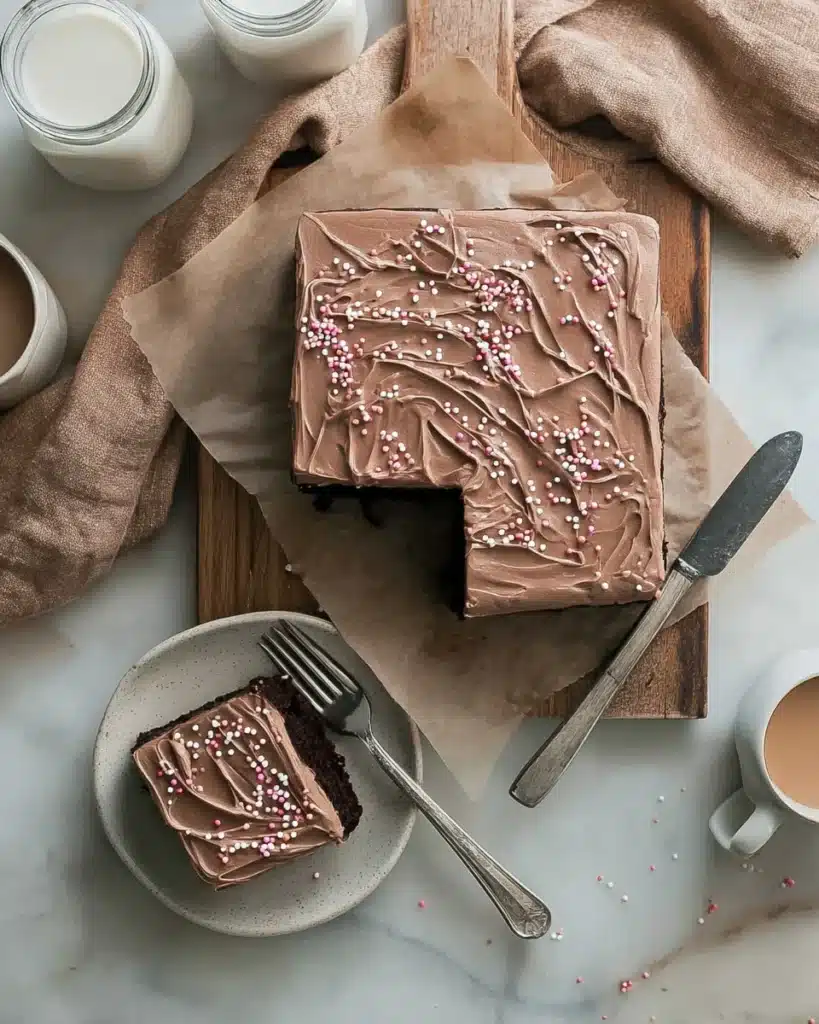 Frosted mini chocolate sheet cake with sprinkles and sliced piece on plate