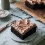 Mini chocolate sheet cake with creamy fudge frosting and sprinkles