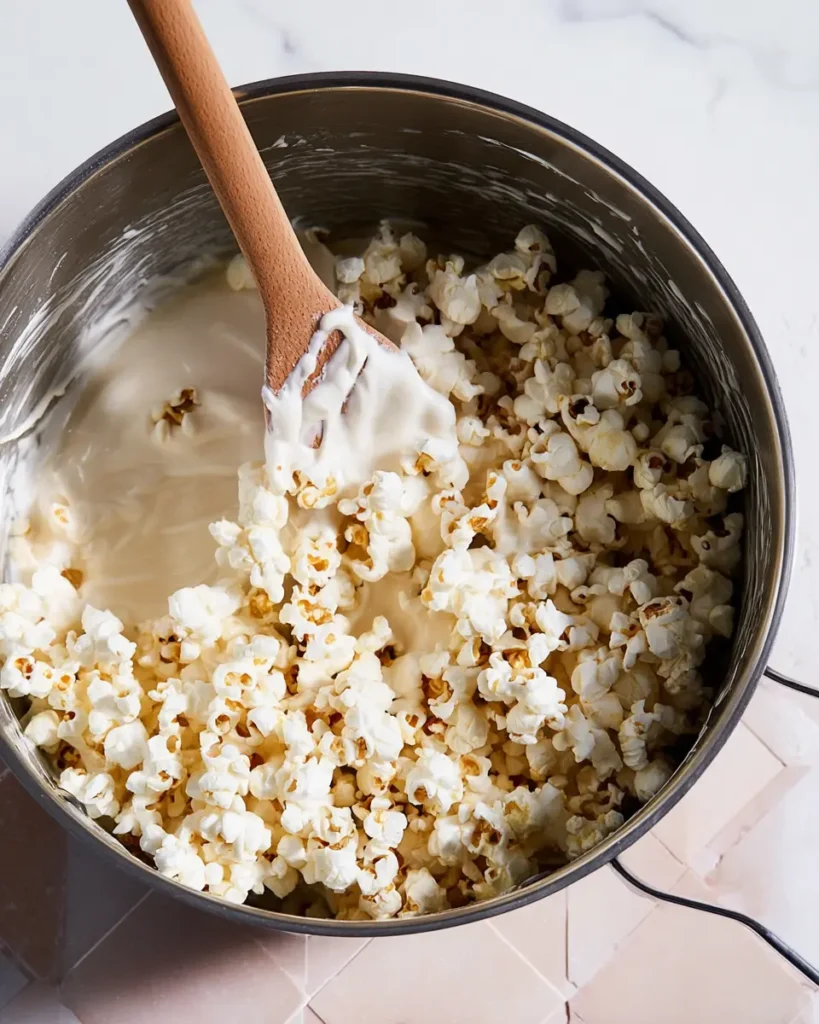 Popcorn being mixed into melted marshmallow with a wooden spatula inside a large metal pot