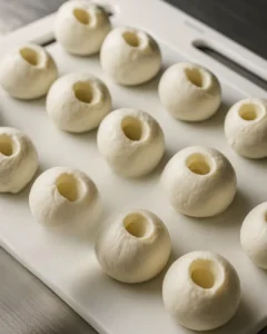 Mozzarella balls with knife indents on a cutting board for Halloween skewered salami eyeballs