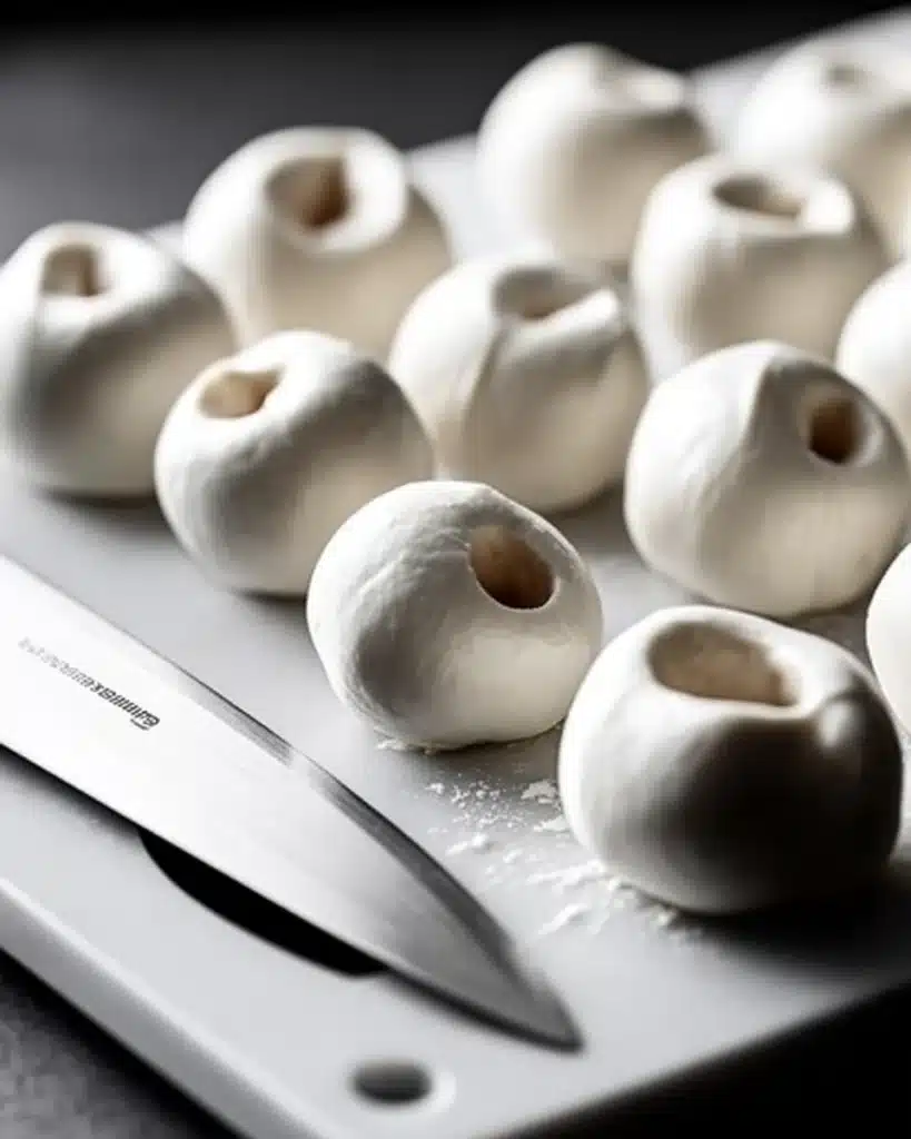 Mozzarella balls carved for Skewered Salami Eyeballs Halloween recipe