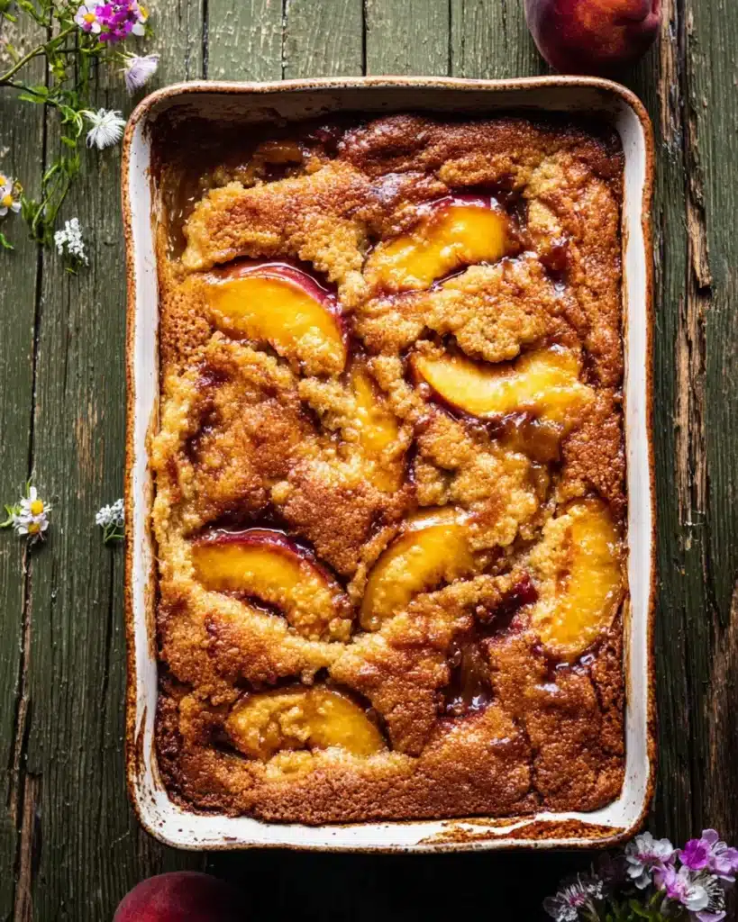 Golden brown peach cobbler fresh from the oven in white baking dish
