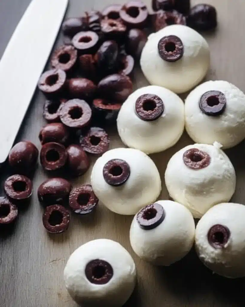 Mozzarella balls with olive slices as pupils for Skewered Salami Eyeballs