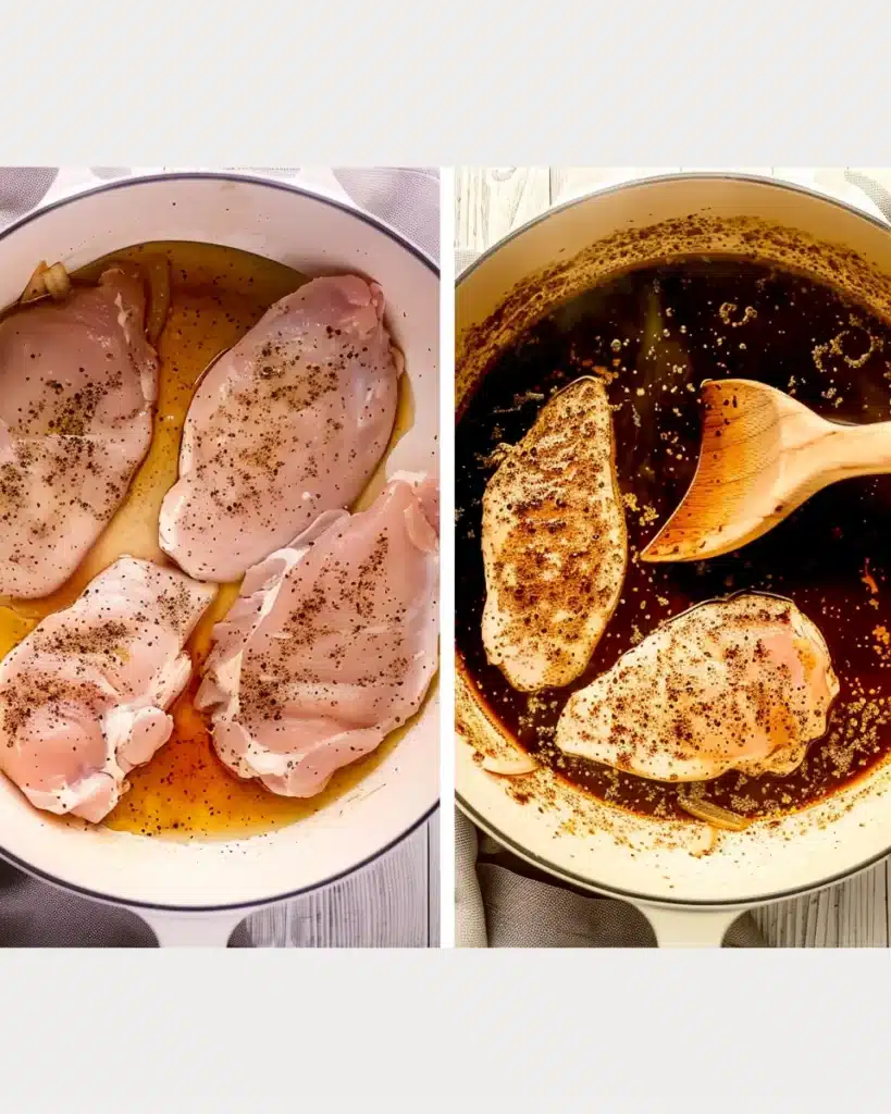 One Pan Balsamic Chicken searing in skillet with balsamic garlic sauce