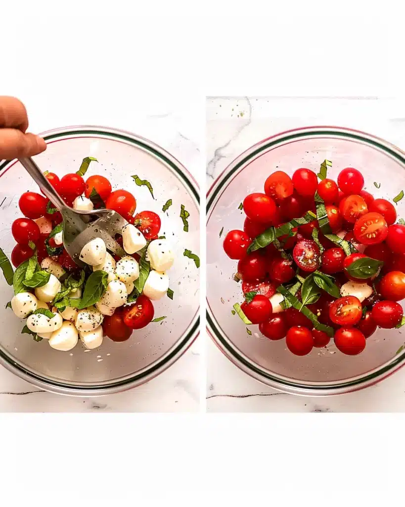 Tomato mozzarella basil mixture for One Pan Balsamic Chicken in glass bowl