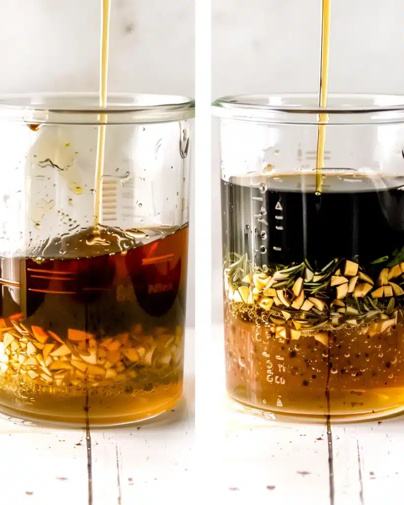 Balsamic sauce for One Pan Balsamic Chicken before and after mixing