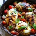 One Pan Balsamic Chicken with mozzarella, tomatoes, and basil in a skillet