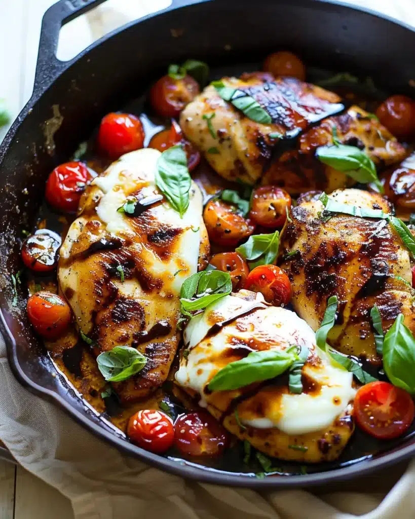 One Pan Balsamic Chicken with mozzarella, tomatoes, and basil in a skillet