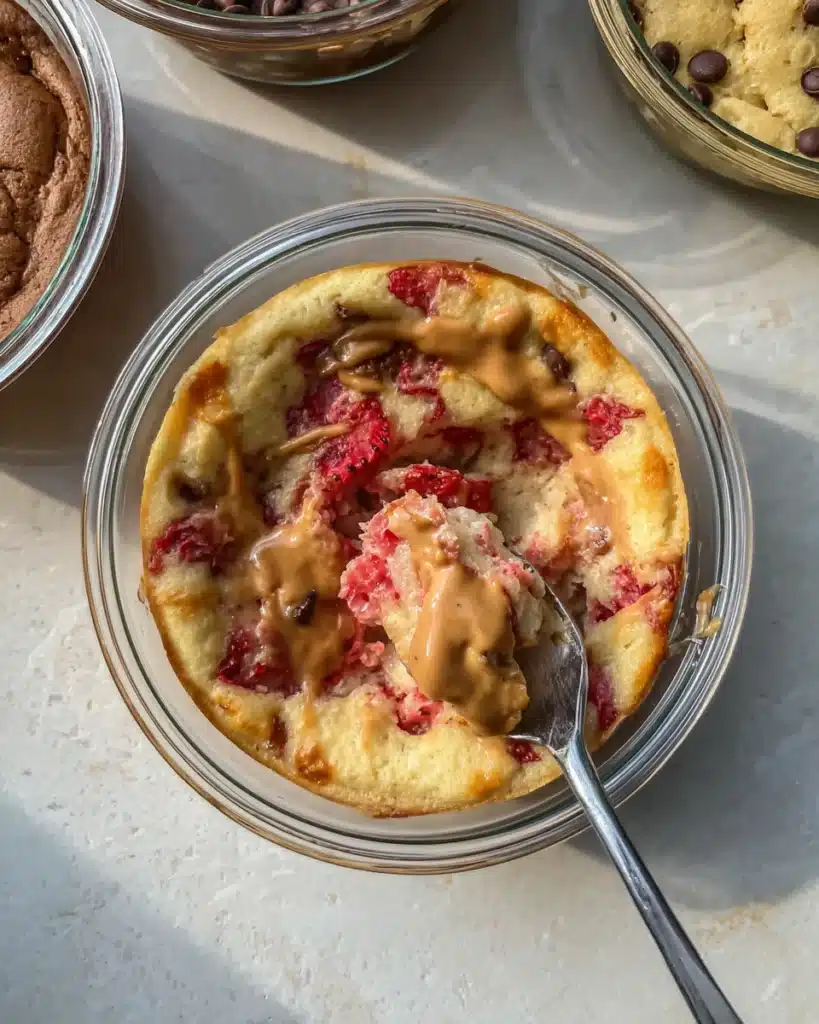 Overhead view of strawberry protein pancake with peanut butter and a spoonful of soft cake inside