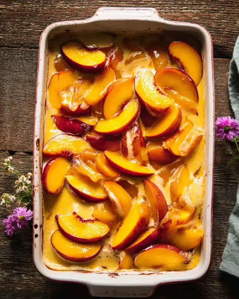 Fresh peach slices layered over cobbler batter in white baking dish