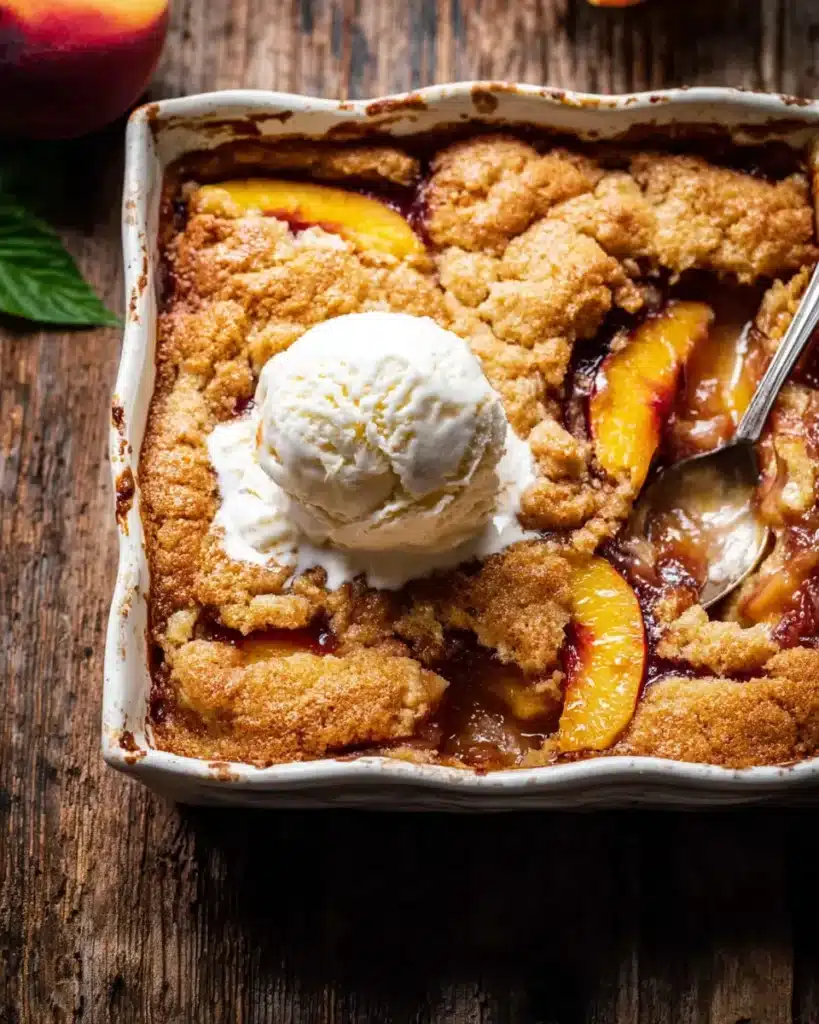 Old School Easy Brown Sugar Peach Cobbler with vanilla ice cream in a white bowl