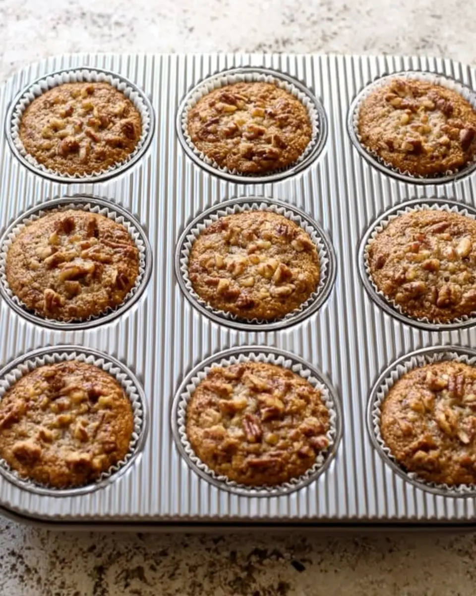 Freshly baked pecan pie muffins cooling in a silver muffin tin on a kitchen counter