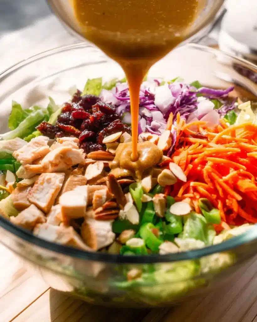 Pouring creamy sesame date dressing over Whole30 Chinese chicken salad with romaine, chicken, and vibrant vegetables