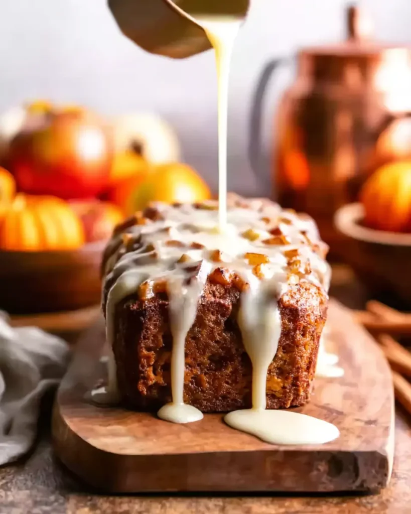 Pouring vanilla glaze over Amish apple fritter bread topped with caramelized apples on a wooden board.