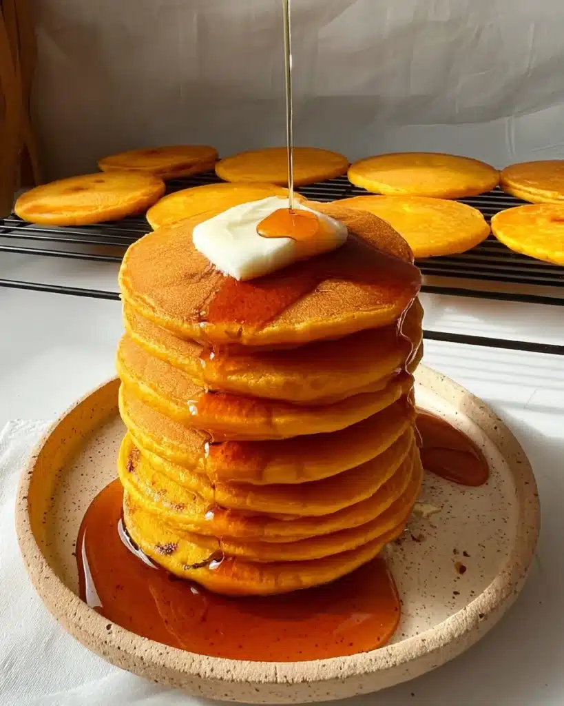Tall stack of pumpkin cottage cheese pancakes topped with butter and maple syrup on a plate with extra pancakes in the background.