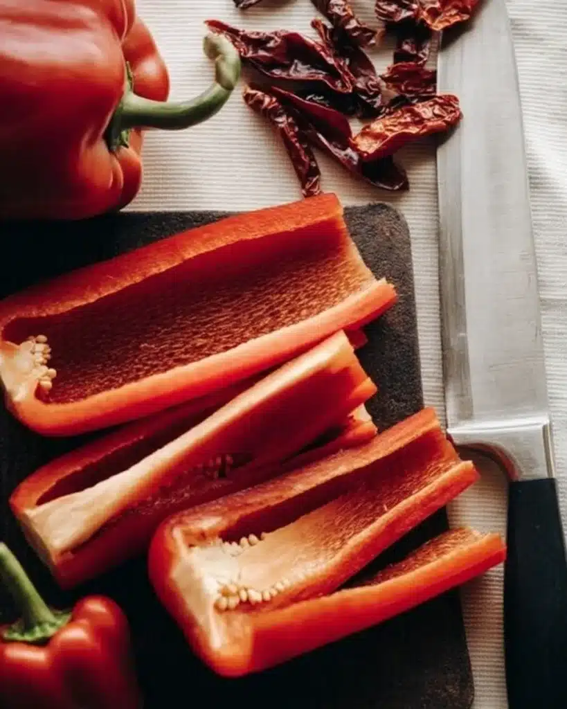 Fresh red bell pepper sliced into strips for Skewered Salami Eyeballs recipe