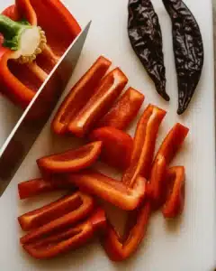 Sliced red bell pepper and dried chili on a cutting board for Halloween salami eyeball skewers