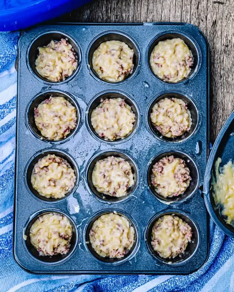 Overhead view of raw sausage pancake batter portioned in a mini muffin tin before baking.