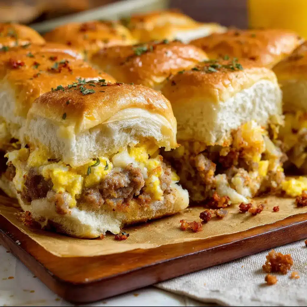 Side view of cowboy breakfast sliders showing melted cheddar, sausage, and egg between toasted garlic butter rolls.