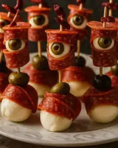 Skewered salami eyeballs with mozzarella and olives on a white plate for Halloween appetizer
