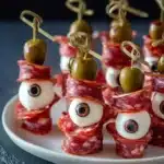 Halloween skewers with mozzarella eyeballs, salami, and olives on skewers