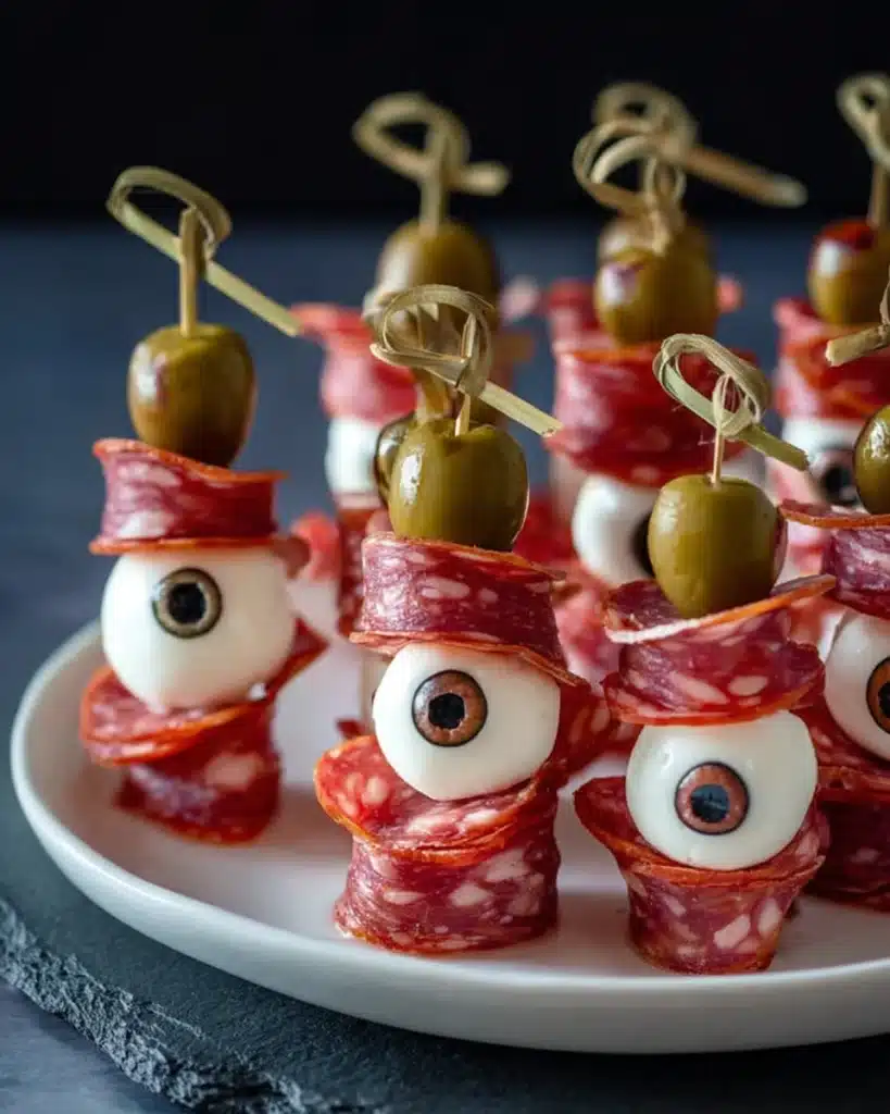 Halloween skewers with mozzarella eyeballs, salami, and olives on skewers