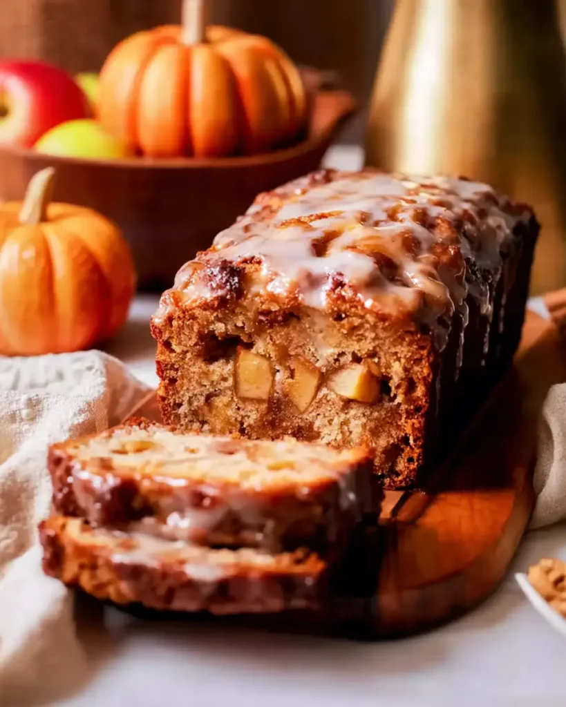 Sliced Amish apple fritter bread with caramelized apple topping and glaze on a wooden board with autumn decor.