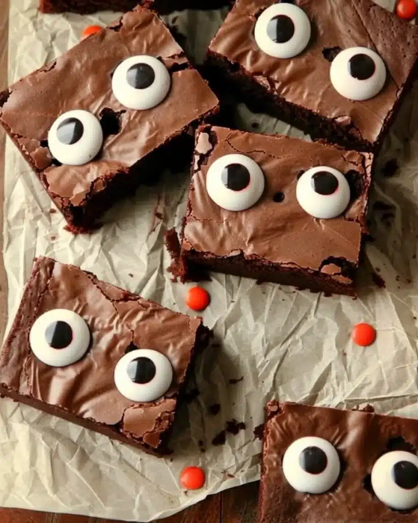 Sliced spooky eyeball fudge brownies with candy eyes on parchment