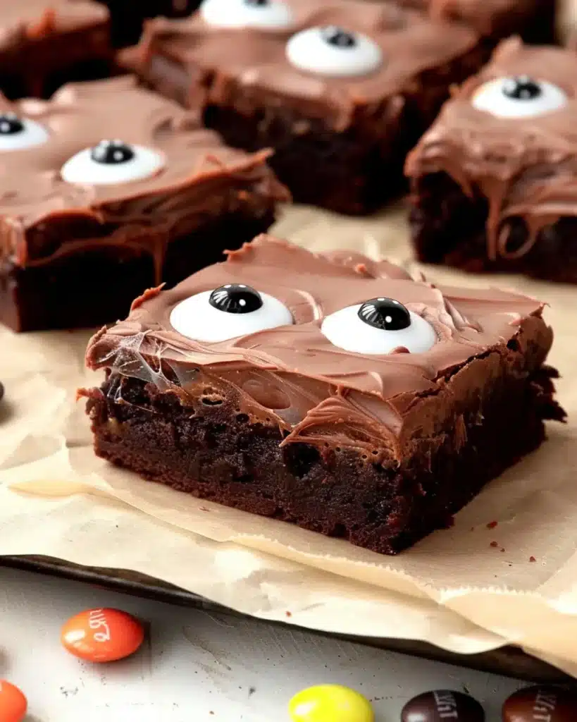 Spooky fudge brownies with candy eyeball decorations for Halloween