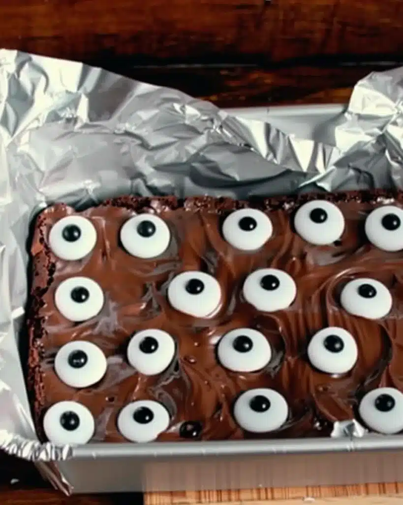 Uncut spooky eyeball fudge brownies in foil-lined pan with candy eyes