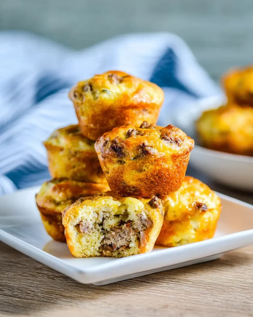 Easy Sausage Pancake Bites stacked on a white plate, with one sliced open to show soft sausage-filled center.