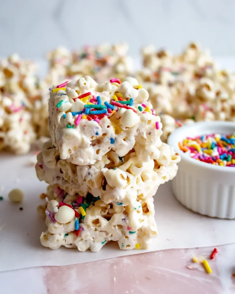 Stacked funfetti marshmallow popcorn treats with gooey marshmallow and sprinkles beside a white ramekin