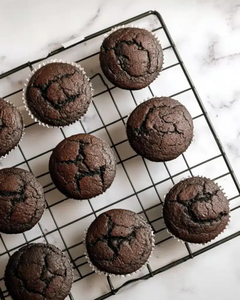 Freshly baked chocolate cupcakes cooling on a rack for Halloween Vampire Bite Cupcakes