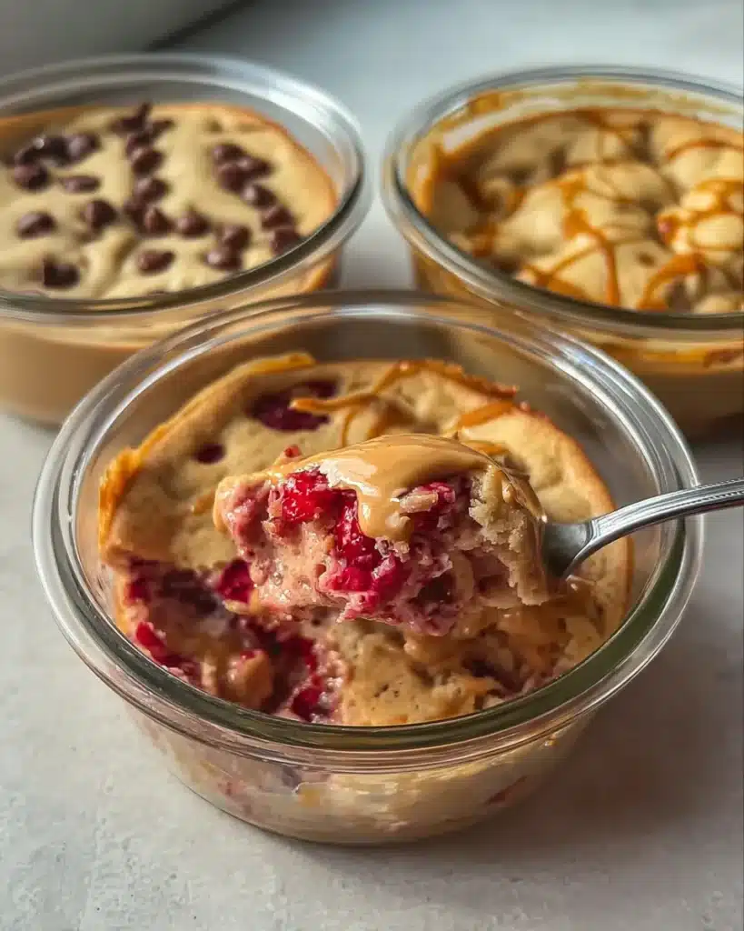 Close-up of spoon lifting strawberry baked protein pancake with melty peanut butter