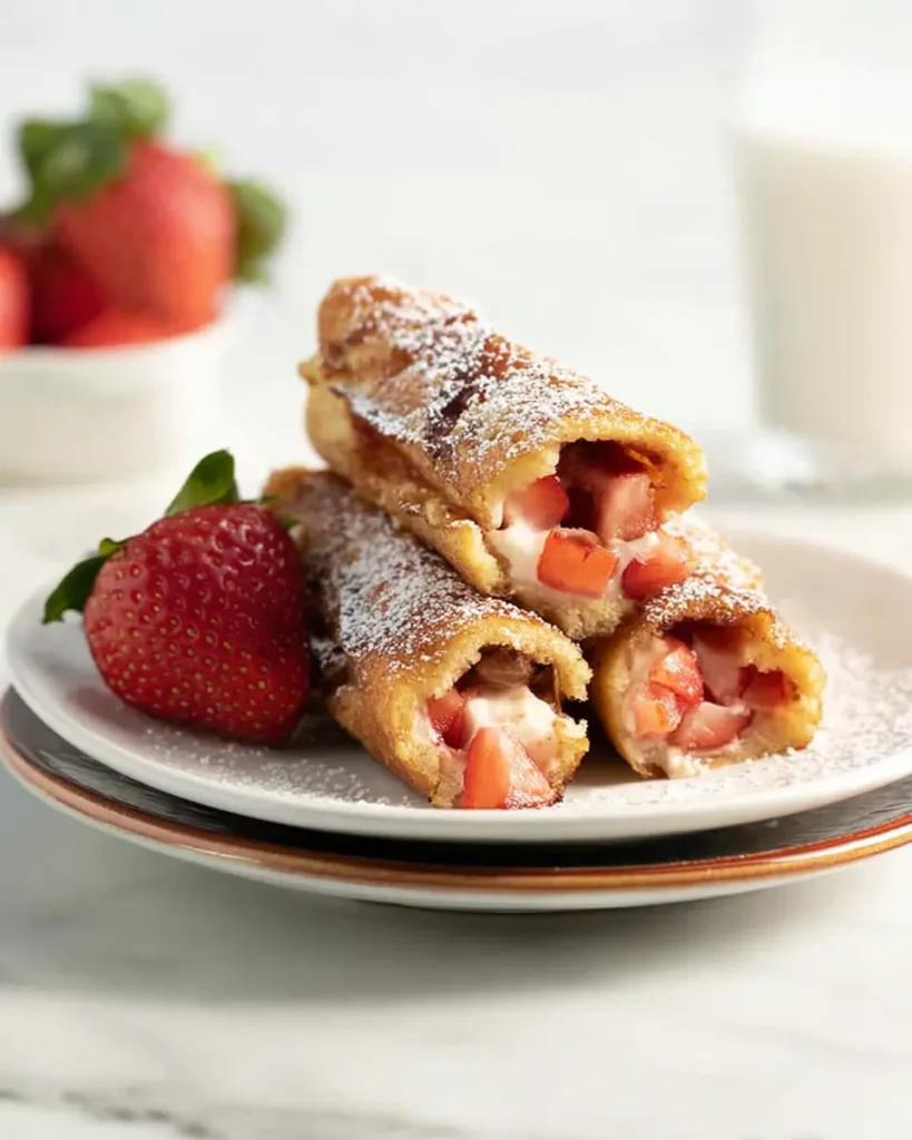 Strawberry and cream cheese French toast rollups stacked on white plates