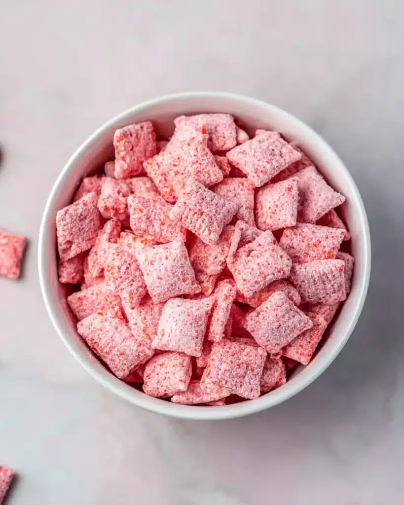 Bowl of strawberry shortcake puppy chow with pink powdered Chex cereal on a pink marble surface