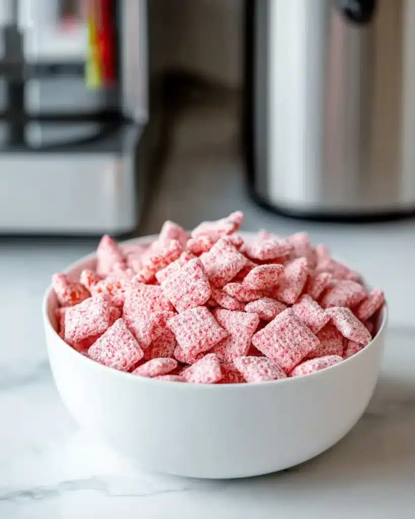 White bowl of strawberry shortcake puppy chow on marble counter with blurred kitchen background