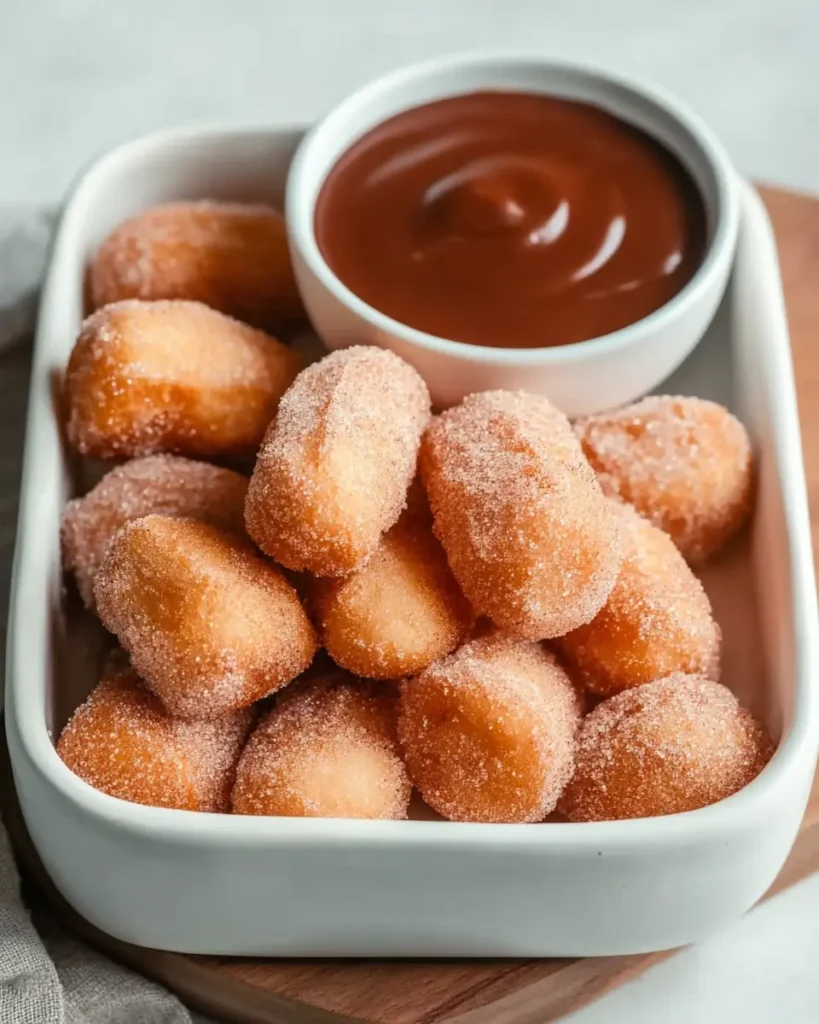 Sweet Air Fryer Churro Bites coated in cinnamon sugar, served with rich chocolate dipping sauce in a white dish.