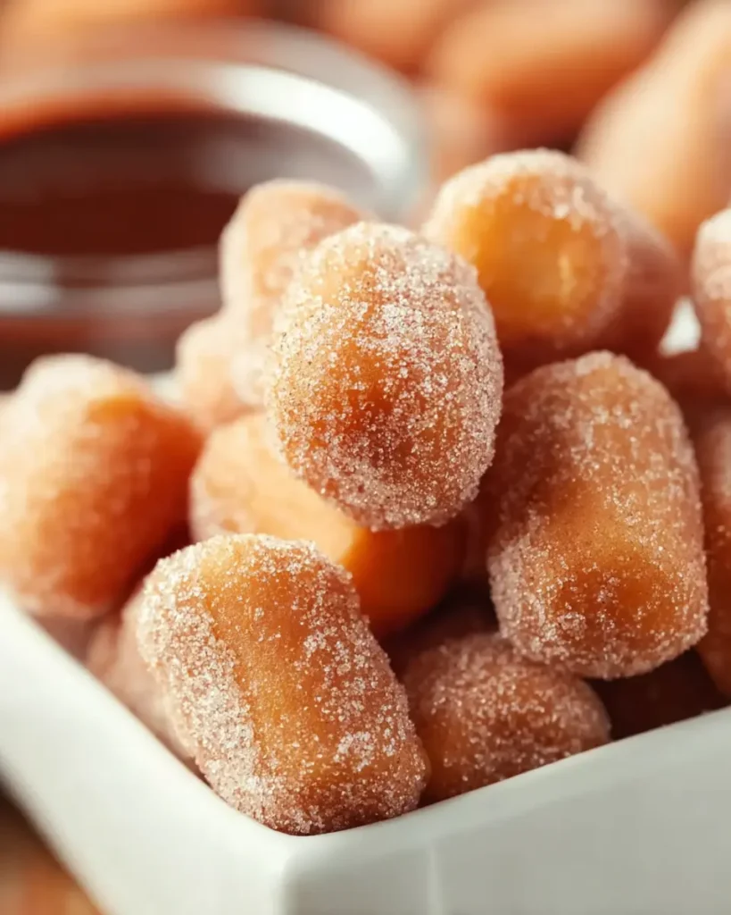 Close-up of Sweet Air Fryer Churro Bites coated in cinnamon sugar, served in a white ceramic dish.