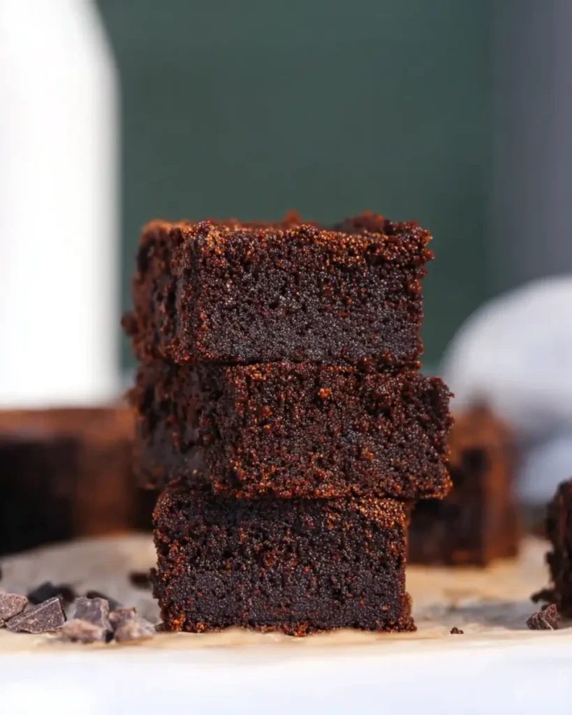 Stack of fudgy banana chocolate brownies on parchment with chocolate crumbs