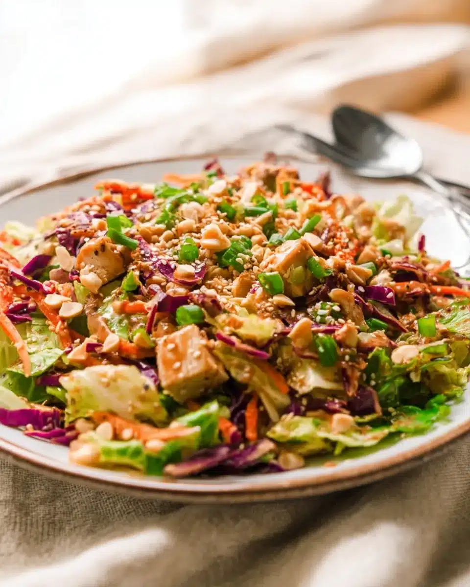 Whole30 Chinese Chicken Salad with creamy sesame dressing, fresh vegetables, and crunchy almonds on a white plate