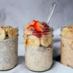 High-protein overnight oats in a jar with peanut butter and strawberries