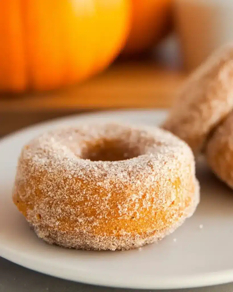 Close-up of a cinnamon sugar baked pumpkin donut on a white plate with a soft-focus fall background.