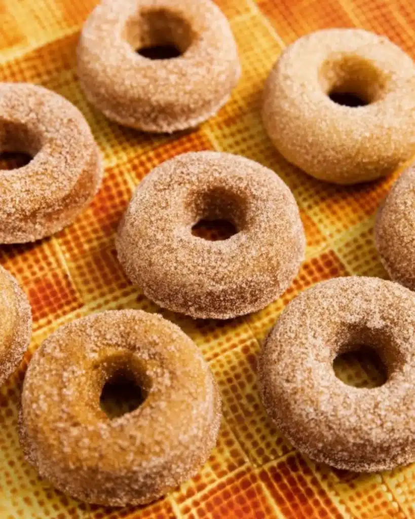 Top-down view of cinnamon sugar baked pumpkin donuts on a patterned orange and yellow surface, soft and sugar-coated.