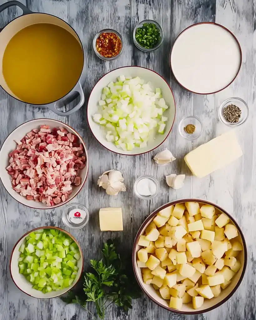 Absolutely Ultimate Potato Soup ingredients arranged on countertop